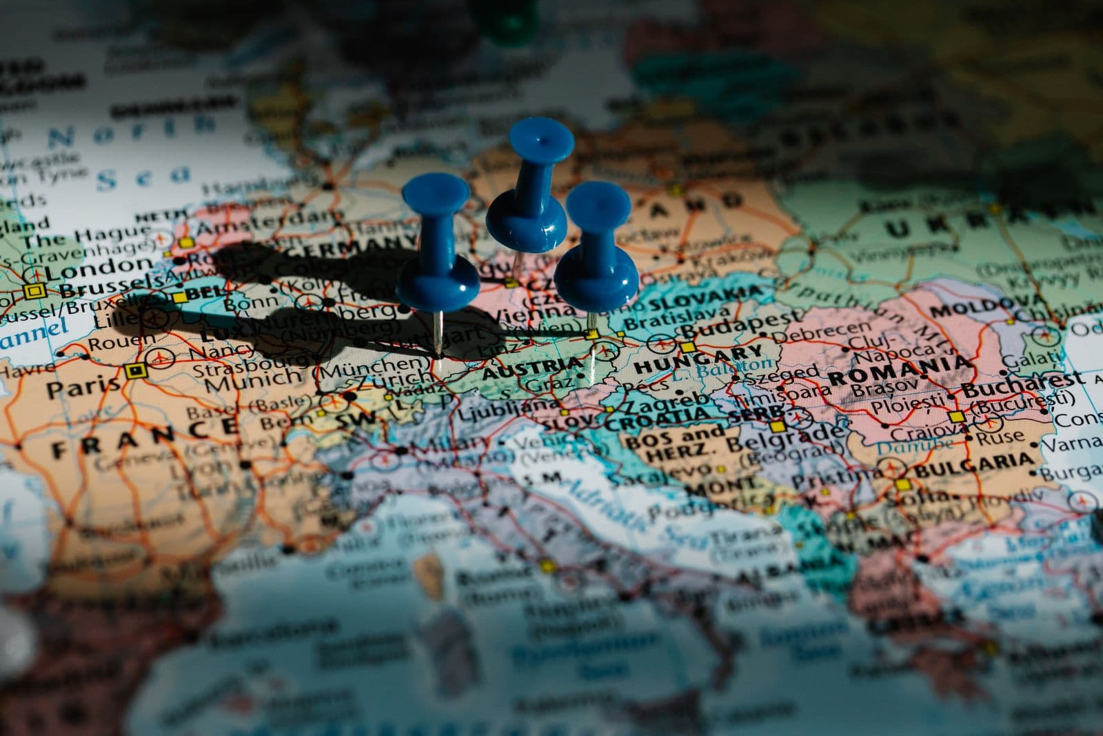 A map of Europe marked with pushpins on Germany, Austria and central Europe